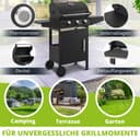Juskys Barbecue à gaz Louisiana avec 3 brûleurs 8,1 kW, avec grille, couvercle – Grill avec thermomètre, chauffe-plat et tablettes latérales - 4