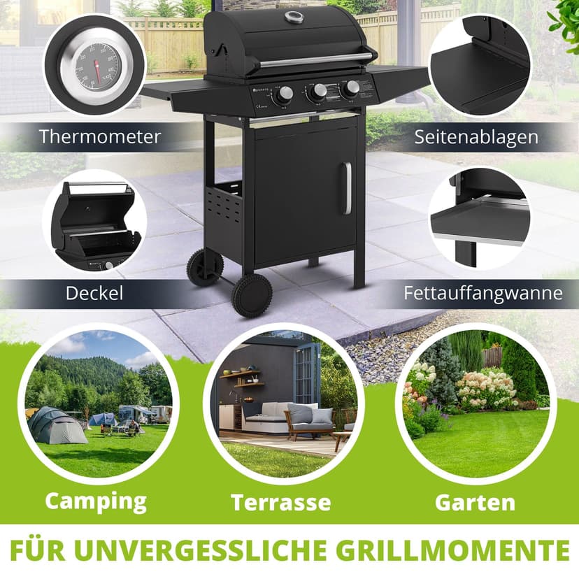 Juskys Barbecue à gaz Louisiana avec 3 brûleurs 8,1 kW, avec grille, couvercle – Grill avec thermomètre, chauffe-plat et tablettes latérales - 4