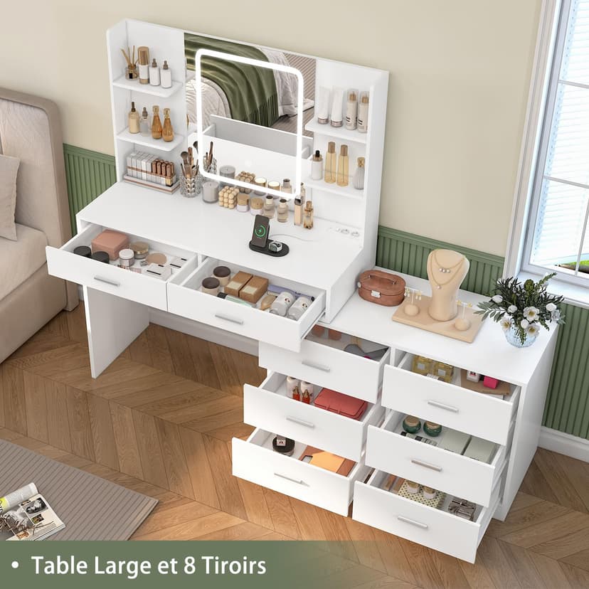 TEENFON Dressing Table with LED Light Mirror & Power Outlet, Vanity Table Makeup Desk with 8 Drawers and 6 Storage Shelves, 3 Color Modes & Adjustable Brightness Vanity desk, L Shape Change, White - 2