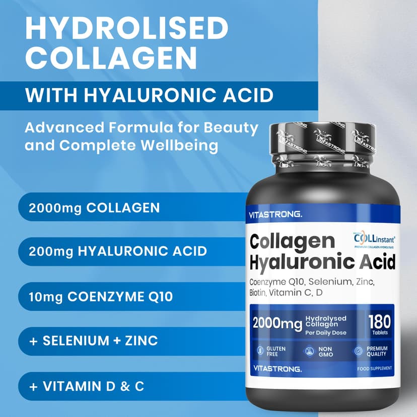Collagen and Hyaluronic Acid 180 Tablets, 2000mg Hydrolyzed Collagen Quality COLLinstant with Biotin, CoQ10, Zinc, Selenium, Vitamin C & D, Collagen Supplements for Women and Men, Skin, Bones, Joints - 2
