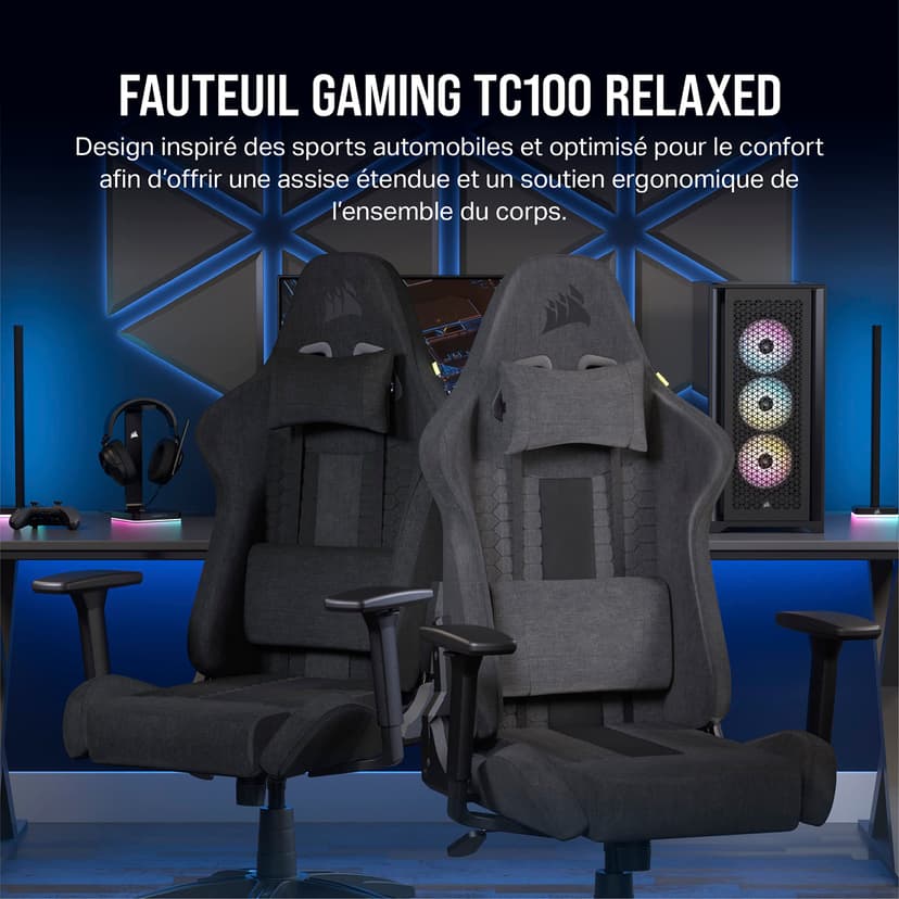 Corsair TC100 Relaxed Fauteuil Gaming - Tissu - Design Inspiré des Sports Automobiles - Coussin Lombaire - Coussin Repose-Nuque Détachable en Mousse à Mémoire de Forme - Noir - 3