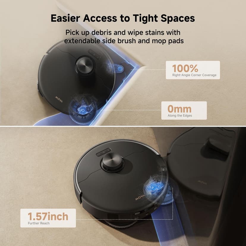 Mova P50 Pro Ultra Robot aspirateur et serpillère, aspiration 19 000 Pa avec brosse anti-nœuds, balai amovible et relevable pour tapis et sol, serpillère et planche à laver de 75 °C, séchage et - 5