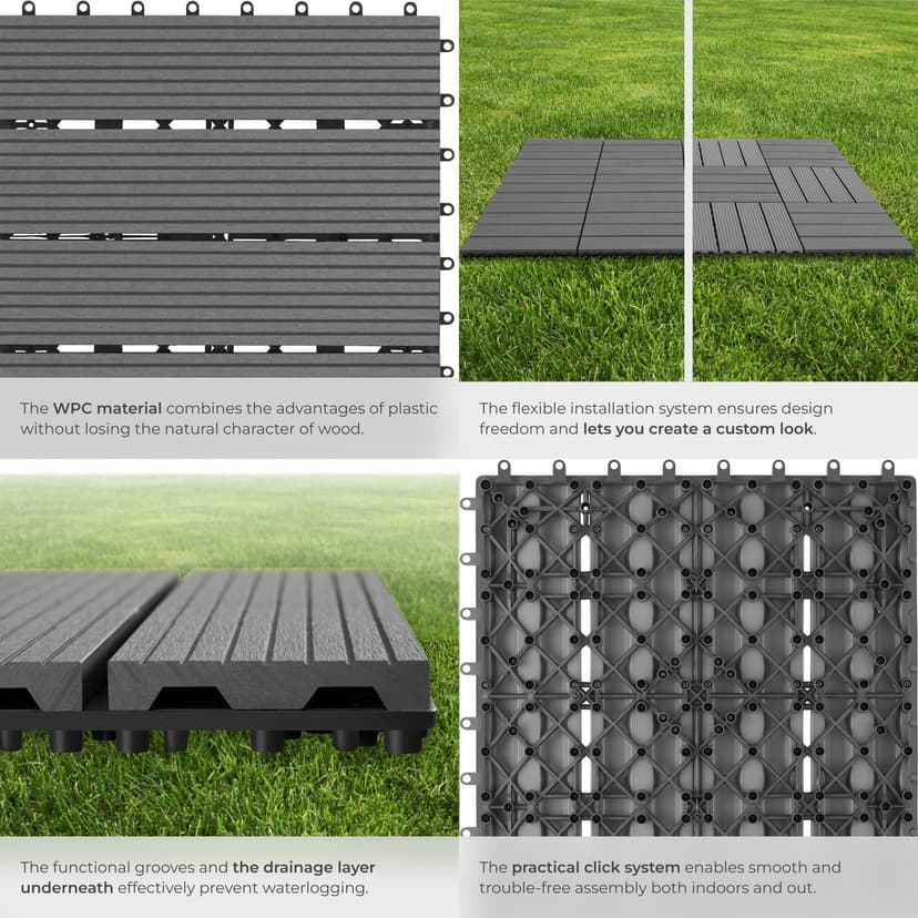 tectake® 22-Piece Decking Tile Set in Wooden Look, 31 x 31 cm per Tile, 2.1142m² Total Area, Easy Interlocking Click System, Non-Slip & Weather-Resistant WPC - Garden & Patio Decking Tiles - Grey - 4