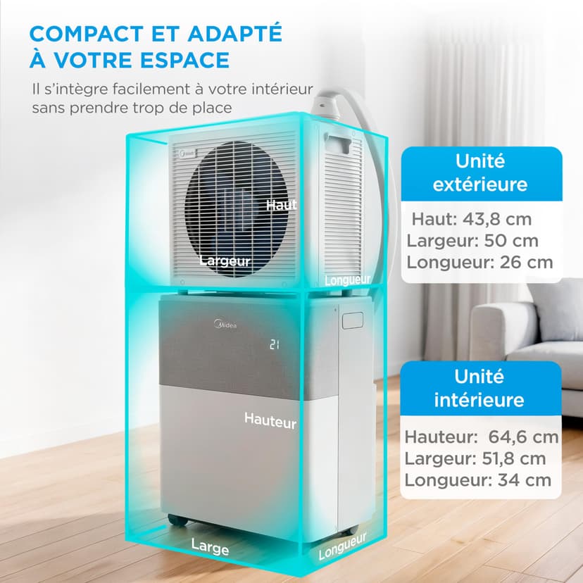 MIDEA Climatiseur PortaSplit Mobile Silencieux 4-in-1| 12000 BTU | Chauffage et Climatisation Portable Prêt à Poser 3,5kW- Clim Mobile avec rafraîchisseur, déshumidificateur, chauffage,ventilateur - 8