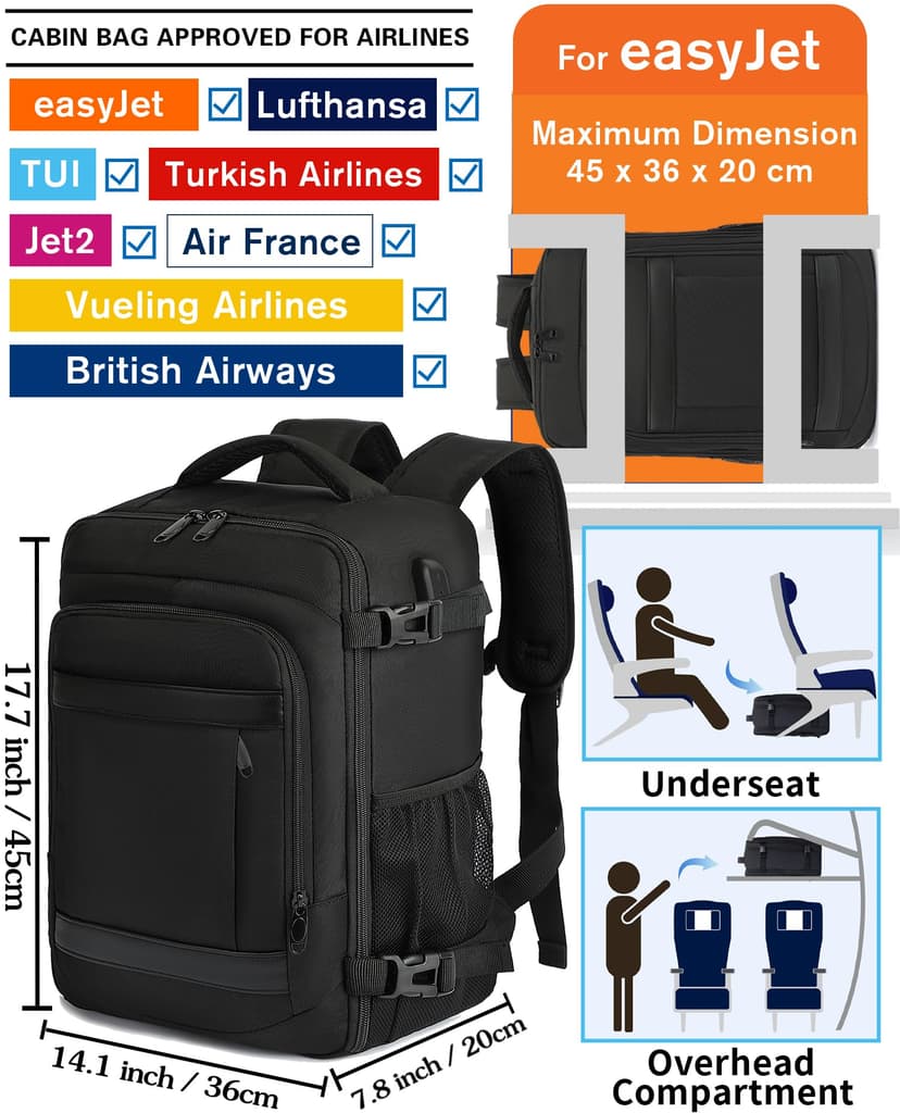 KLOSTAIN for Easyjet Cabin Bag 45x36x20 Travel Backpack Hand Luggage Carry-ons Bag Laptop Backpack Ruscksack for Airplanes Flight New Easyjet Underseat Cabin Bags Fit 14" Laptop Black - 2