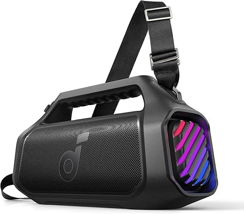 Soundcore Boom 2 Plus Enceinte Bluetooth puissante, 140W, 2+2 canaux stéréo, BassUp 2.0,Charge Rapide 30W, 20h, IPX7, lumières RGB, USB-C, pour l'extérieur, Le Camping, la Plage et Le Jardin