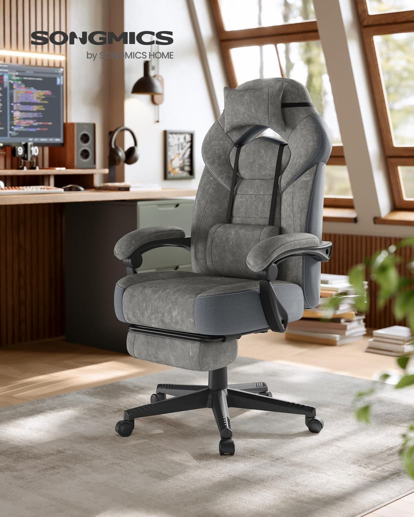 SONGMICS Gaming Chair, Office Computer Chair, Ergonomic Design, with Footrest, Adjustable Headrest, Lumbar Support, 150 kg Load Capacity, Slate Grey OBG077G01 - 2