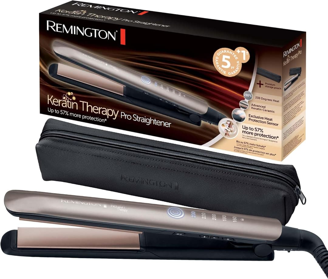 Remington Hair Straightener [Innovation: Heat Protection Sensor] Keratin Therapy (Keratin & Almond Oil Care, Ceramic, LCD Screen, 160-230°C, Pouch) Straightening Iron S8593