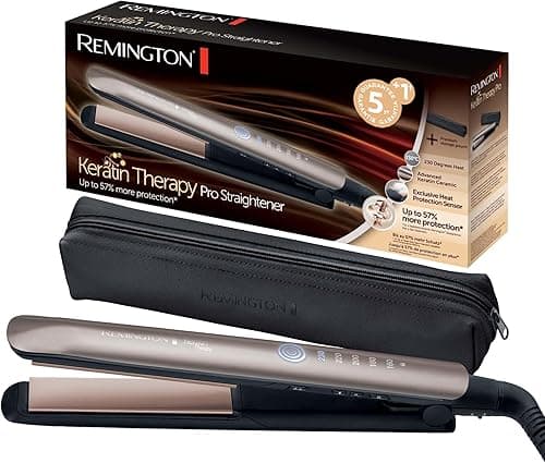 Remington Hair Straightener [Innovation: Heat Protection Sensor] Keratin Therapy (Keratin & Almond Oil Care, Ceramic, LCD Screen, 160-230°C, Pouch) Straightening Iron S8593