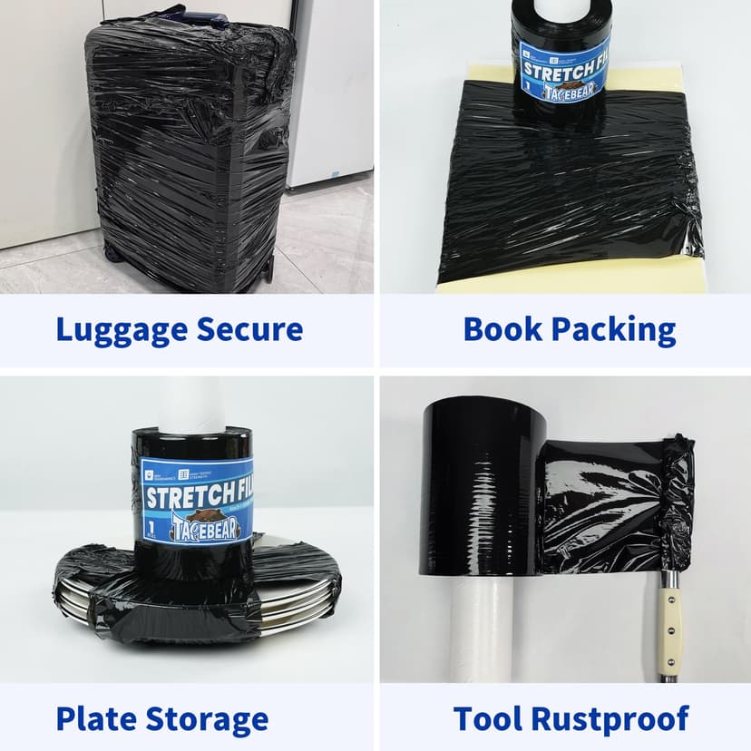 TAPEBEAR Black Stretch Wrap Film 100mm x 305m Shrink Wrap Roll with Handle, 60 Gauge Thick Durable Self-Adhering Plastic Wrap Industrial Strength Pallet Shrink for Moving, Packing, Storage - 6