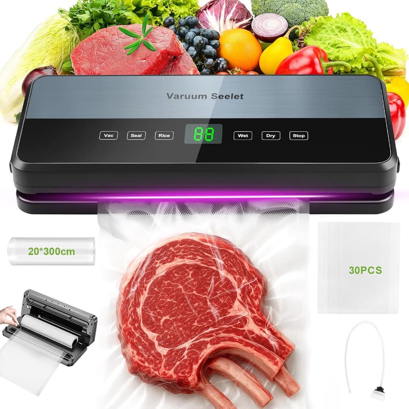 Vacuum Sealer, Vacuum Sealer with Vacuum Bags, 6 in 1 Vacuum Sealer for Dry, Moisture, Fresh, Foil Sealing Machine with Built-in Cutter with 30 Vacuum Bags and 1 Roll of Vacuum Roll - 1