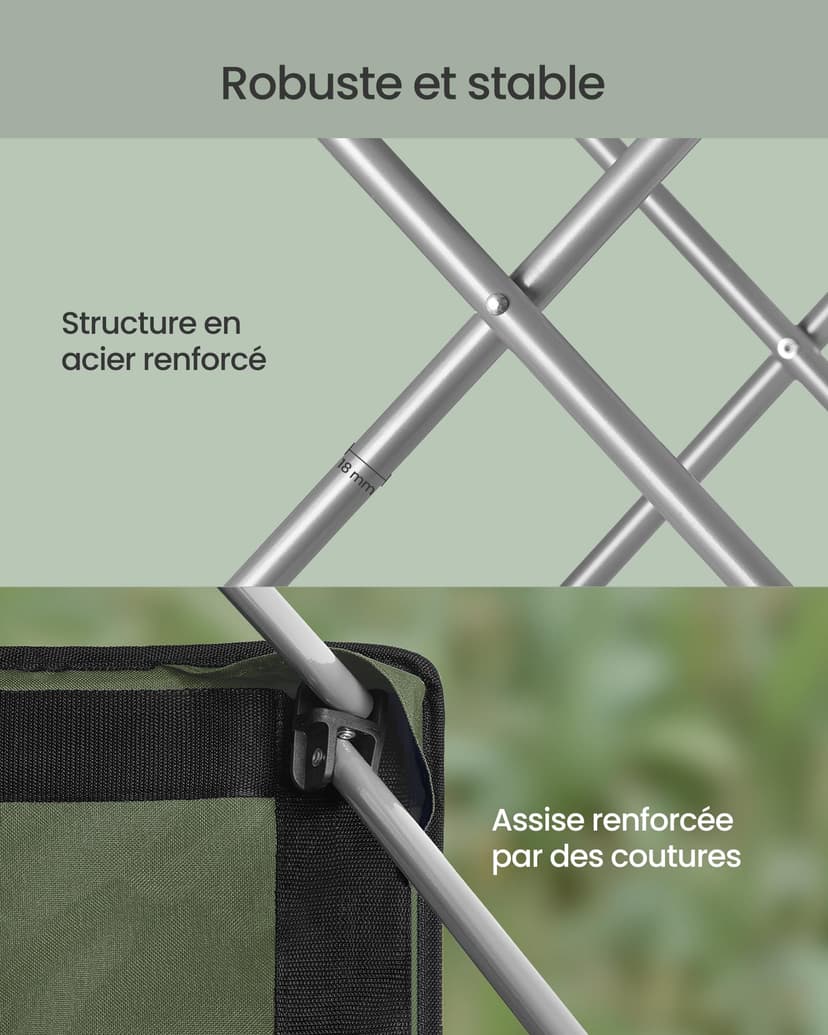 SONGMICS Lot de 2 Chaises Pliantes Camping, Siège Large, Dossier Haut, Chaises de Pêche Portables avec Porte‑Gobelet, Support pour Téléphone, Organiseur en Tissu, Vert et Gris GCB005CD01-2J - 5