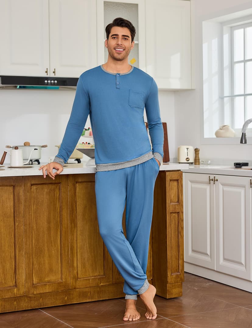 Mens Pyjama Set Winter Pajamas Henley Shirt Plain Color Nightwear For Men Long Sleeve Pjs Top and Full Length Loungewear Bottom With Pockets S-3XL - 3