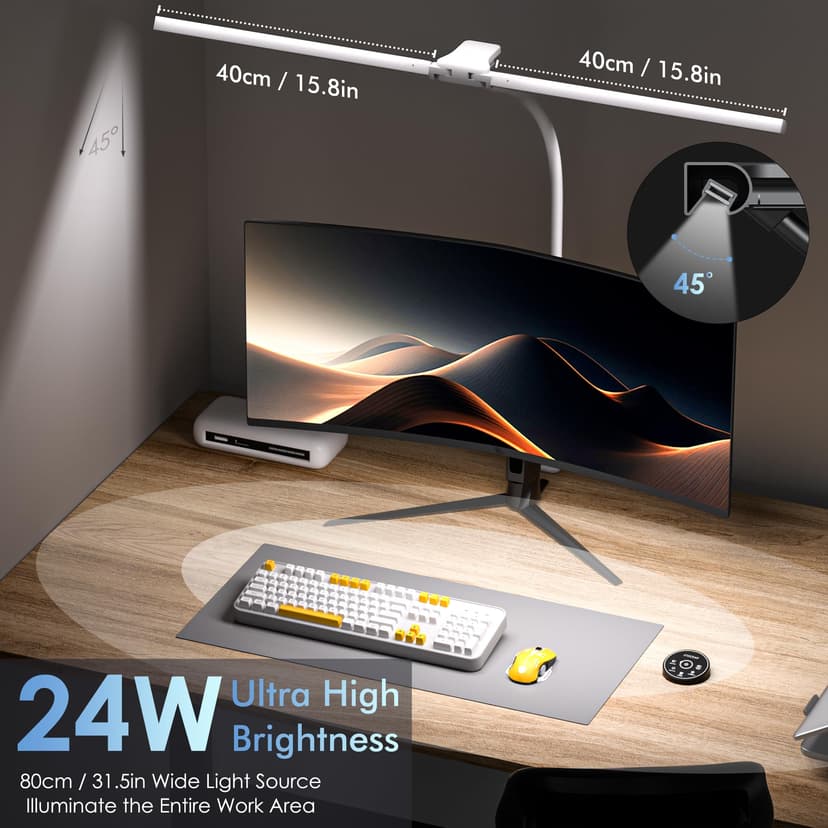 EYOCEAN 24W 80cm Dual Head Clip On Desk Lamp Daylight Desk Lamp with Remote Control, 5 Color Temperatures and Adjustable Brightness, Eye Protection, White - 2