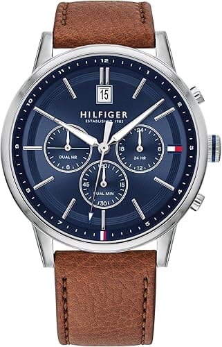 Tommy Hilfiger Men's 44mm Multifunction Quartz Watch - Navy Blue Dial, Light Brown Leather Strap, 3 Sub-Dials, 5ATM Water Resistant - 1791629