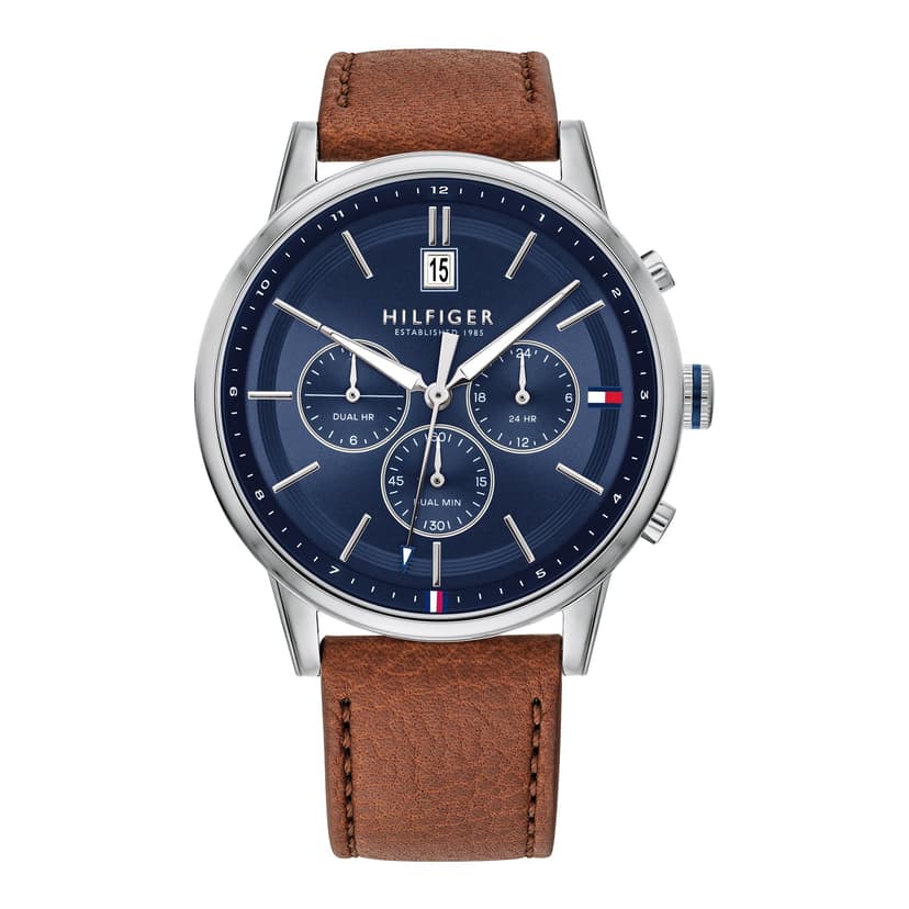 Tommy Hilfiger Men's 44mm Multifunction Quartz Watch - Navy Blue Dial, Light Brown Leather Strap, 3 Sub-Dials, 5ATM Water Resistant - 1791629 - 1