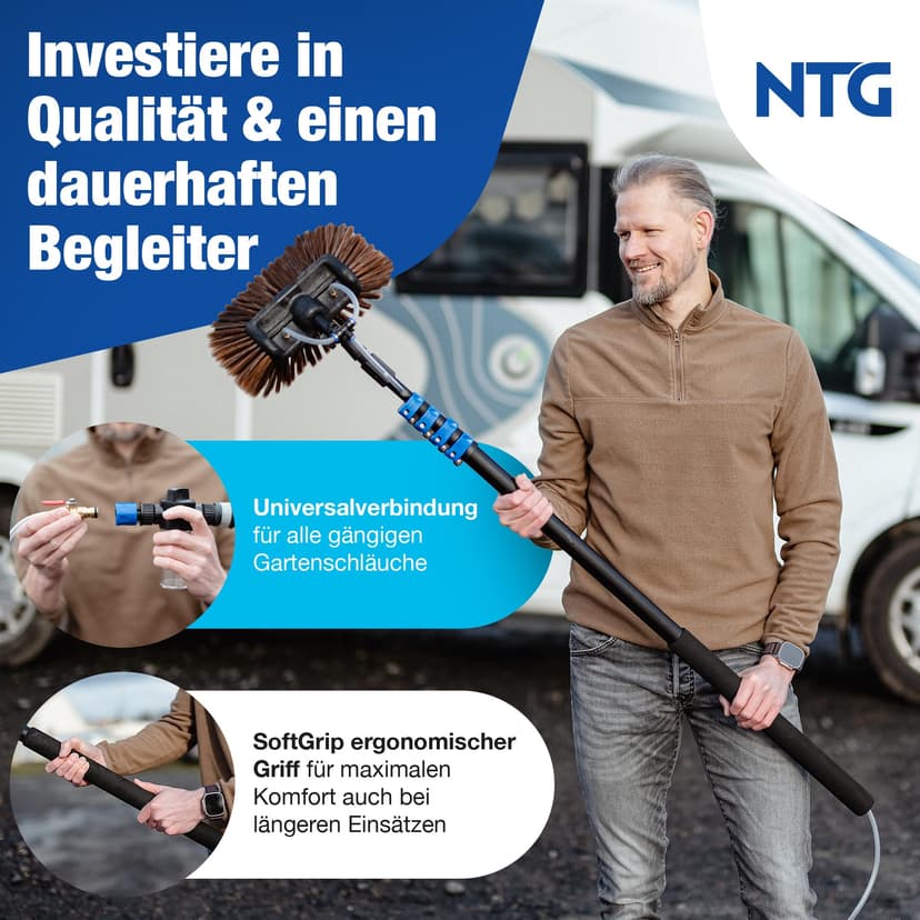 NTG Telescopic Washing Brush 1.68-7m 3-in-1 Brush Head with Extra Soft Bristles + Microfibre Cloth & Squeegee with Water Connector + Soap Dispenser for Windows, Solar (up to 3.6 metres) - 6