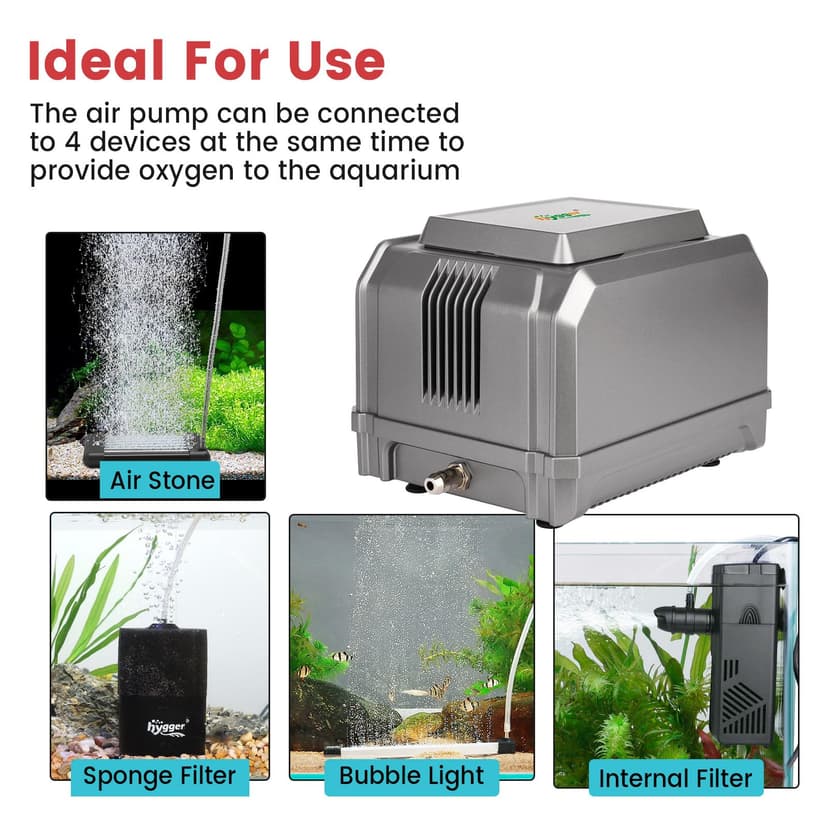 hygger Aquarium Air Pump, 1325L/H Fish Tank Air Pump, 15W Adjustable Powerful 4 Outputs Aquarium Oxygenator up to 3800L Aquariums - 4