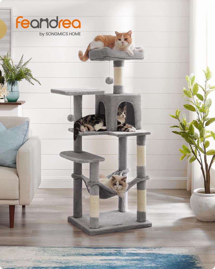 Feandrea Arbre à Chat Hauteur 143 cm, Tour de Jeux pour Chats, avec 4 Poteaux à Griffer, 2 Plateformes, 1 Niche, 1 Hamac, 2 Pompons, en Tissu Peluche, Multi-Niveaux, Gris Clair PCT161W01 - 2