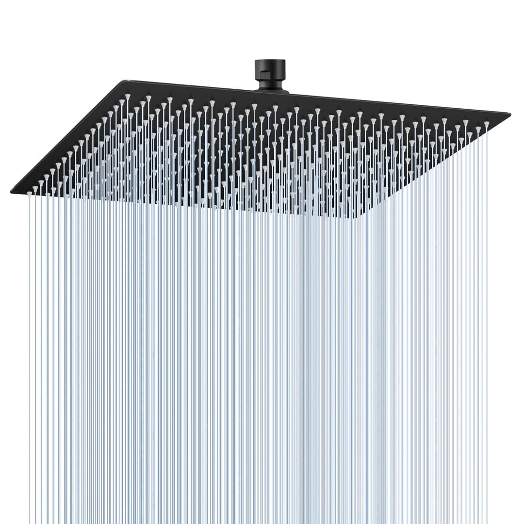 KINLIV Large 16 Inch Matte Black Rain Shower Head, All Metal 304 Stainless Steel, Rain Shower with 324 Silicone Nozzles - Square Shower Head for Bathroom