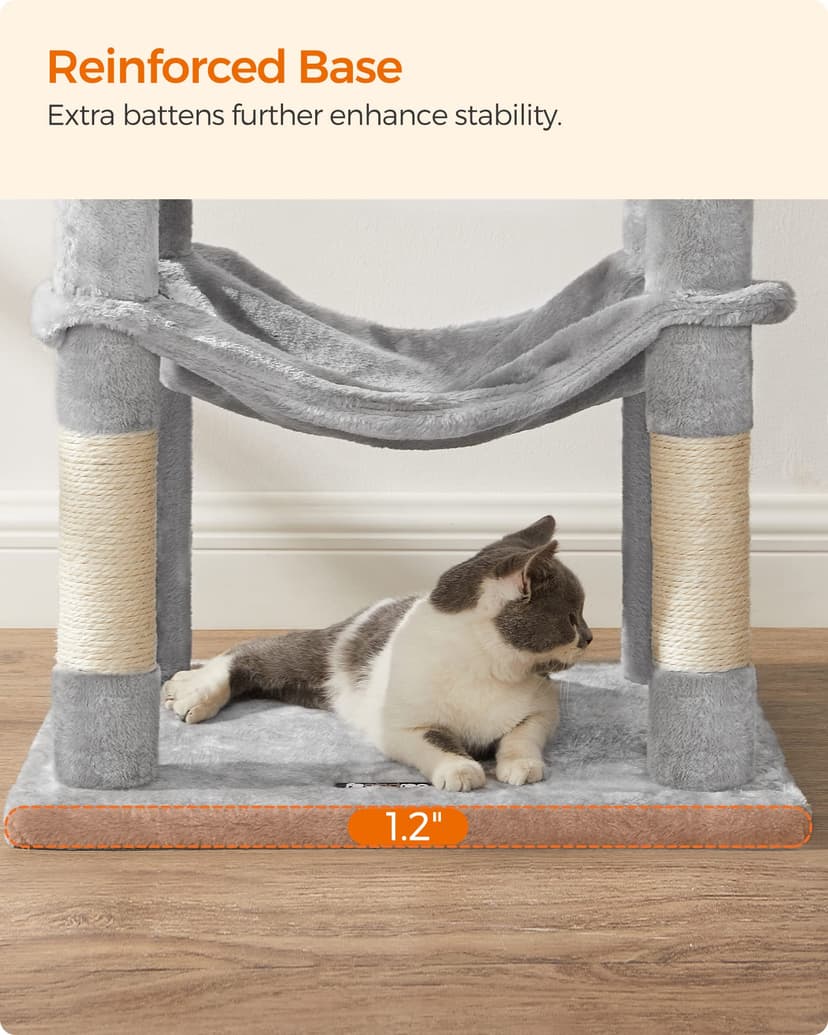 Feandrea Cat Tree Tower, 143 cm Multi-Level Plush Cat Condo with 4 Scratching Posts, 2 Perches, Cave, Hammock, Pompoms, Light Grey PCT161W01 - 9