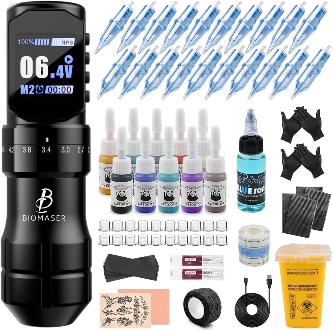 Biomaser Cordless Machine Rotary Pen with 2200mAh Battery 7 Adjustable Strokes 20pcs Cartridge Needles Stroke Length 4.5mm LED Digital Pen Machine For Beginners