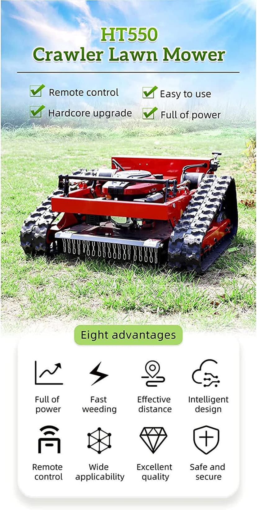 FUNNYBSG Smart Lawn Mower with Remote Control - Gas Powered and Crawler, 7.5/HP, 30° Slope Capacity, Ideal for Farms, Home Gardens, Orchards and Lawn Care - 4