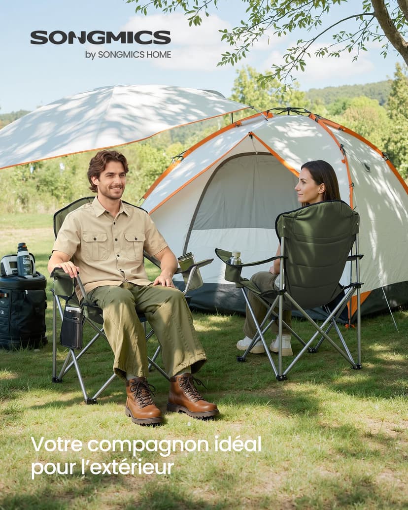 SONGMICS Lot de 2 Chaises Pliantes Camping, Siège Large, Dossier Haut, Chaises de Pêche Portables avec Porte‑Gobelet, Support pour Téléphone, Organiseur en Tissu, Vert et Gris GCB005CD01-2J - 2