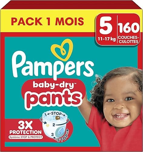 Pampers Baby-Dry Pants, Taille 5, 160 Couches-Culottes, 12-17kg, Maintien 360° Contre Les Fuites Avec Une Poche Stop & Protect Pour Une Nuit Jusqu'à 100% Sans Fuites, Pack 1 Mois