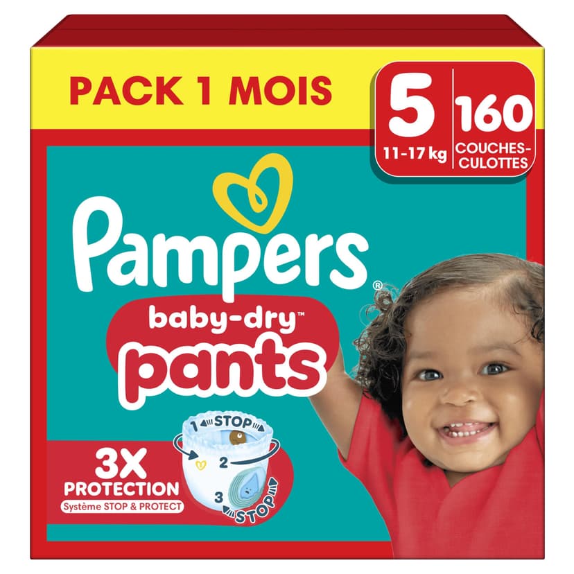 Pampers Baby-Dry Pants, Taille 5, 160 Couches-Culottes, 12-17kg, Maintien 360° Contre Les Fuites Avec Une Poche Stop & Protect Pour Une Nuit Jusqu'à 100% Sans Fuites, Pack 1 Mois - 1
