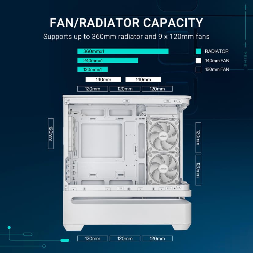 ASUS Prime AP202 ARGB Coque mATX Blanche avec Verre incurvé entièrement trempé, Prend en Charge Les Cartes Graphiques jusqu'à 420 mm de Long, radiateurs de 360 mm de Long, Rail Facile à détacher - 5