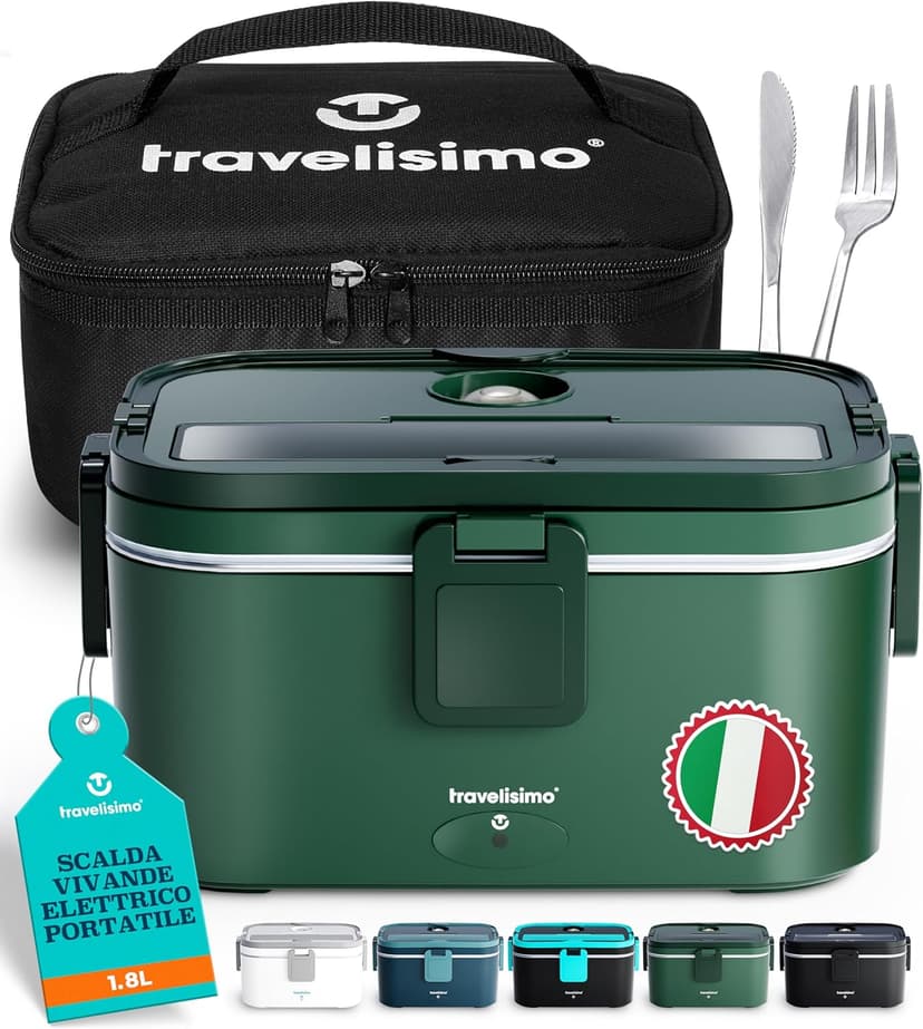 TRAVELISIMO Extra-Large Heated Lunch Box – Holds up to 1.8L 100W Electric Lunch Box, Stainless Steel Heated Lunch Boxes for Adults 3 in 1 for Car, Electric Lunchbox 12V/24V/230V Self Heating Lunchbox - 1