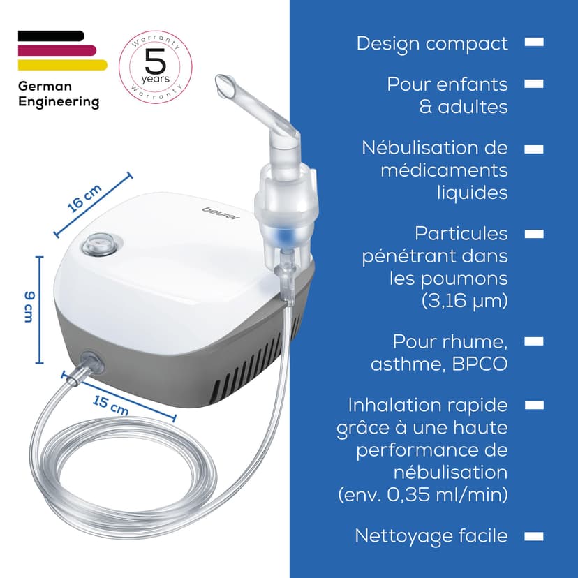 Beurer IH 18 Nébuliseur pour rhumes et maladies respiratoires telles que l'asthme et la BPCO, pour la nébulisation de médicaments, nébuliseur pour adultes et enfants, design en blanc, compact - 6