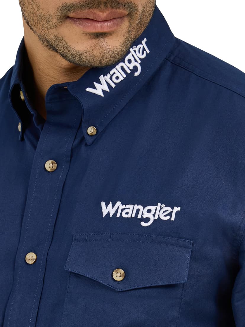 Wrangler Men's Western Logo Two Pocket Long Sleeve Button Shirt, Navy, Large - 2