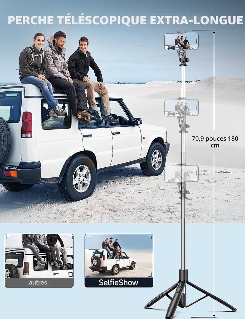 163.5CM Perche à Selfie, Trépied Smartphone, Extensible Selfie Stick Trépied de Téléphone avec Télécommandeet Support pour Téléphone Portable Compatible avec iPhone/Samsung/GoPro/Camera - 2