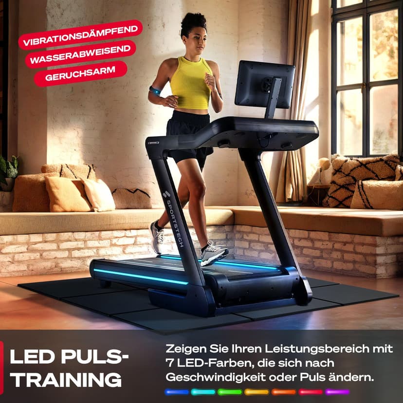 Sportstech Tapis de Course Professionnel pour Maison, 20 km/h, APP | Grande Surface de Course, Inclinaison 16%, jusqu'à 150 kg | LED & 360° Tabletholder | avec 1 an d'App STL Incluse - 4