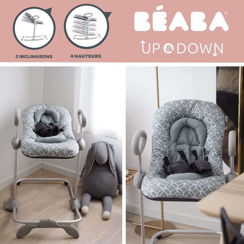 BÉABA, Transat Up & Down IV, Transat Réglable en Hauteur, Unisexe pour Bébé et Enfants, 3 Positions d'Inclinaison, Harnais Sécurité 5 Points, Réducteur de Naissance, Leaves - 3