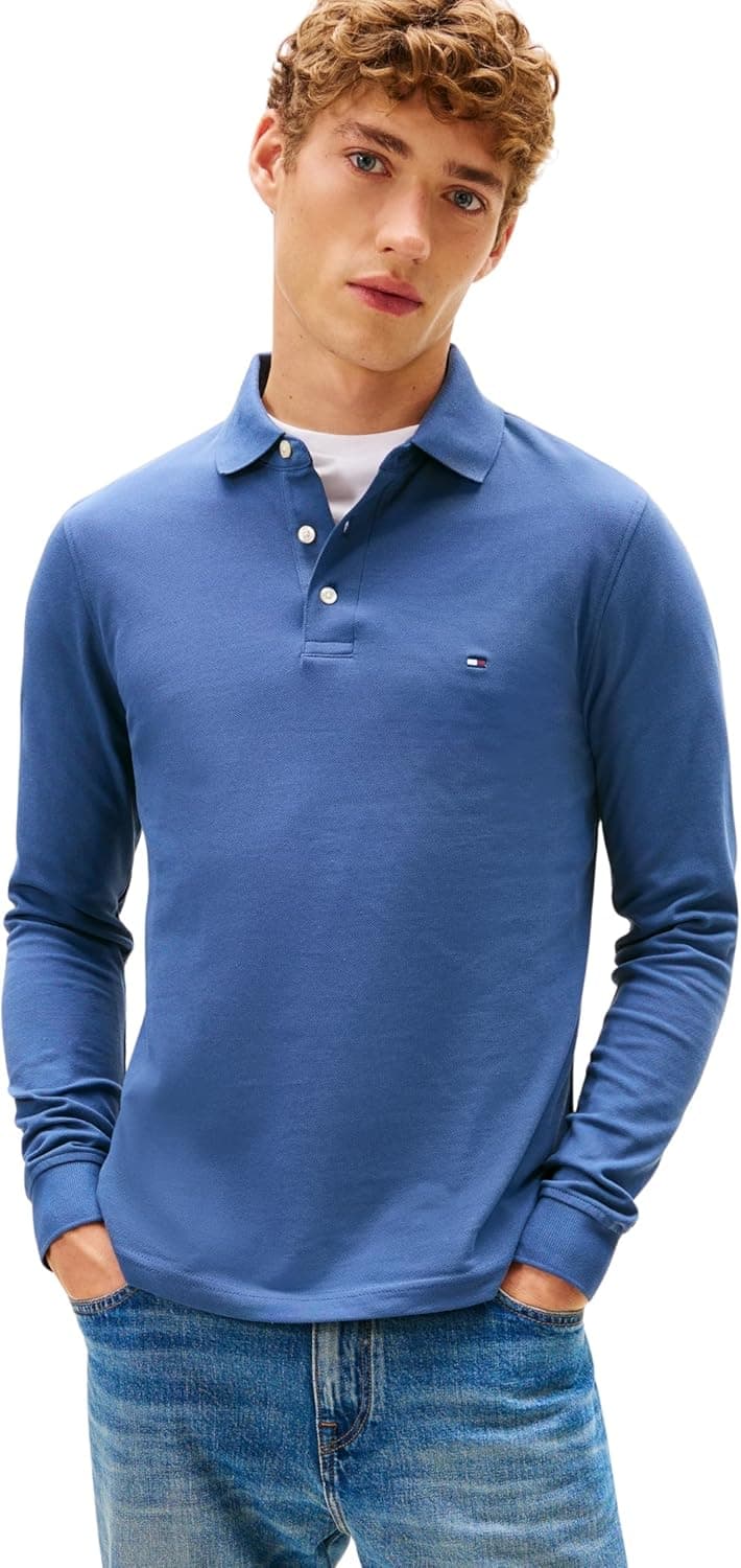 Tommy Hilfiger Men’s Slim Basic Long Sleeve Polo Shirt, Blue (Aegean Sea), L - 1