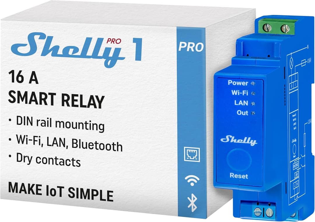 Shelly Pro 1, Wi-Fi 1 Channel Smart Relay Switch with Dry Contacts, Home Automation, Compatible with Alexa & Google Home, iOS Android App, No Hub Required, Remote Control & Timer Schedule
