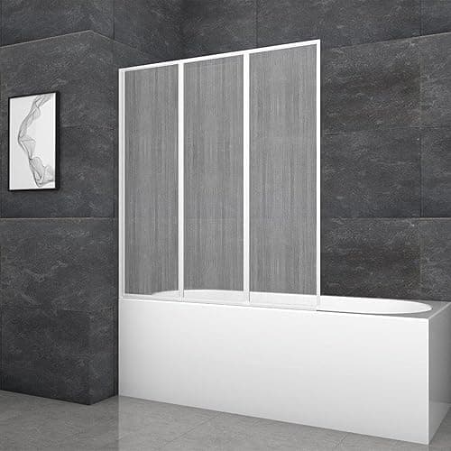 MARWELL Moon Folding Bath Screen - 3-Piece, White Aluminium Frame, Plastic, 120 x 130 x 5 cm - Shower Enclosure for Bathtub