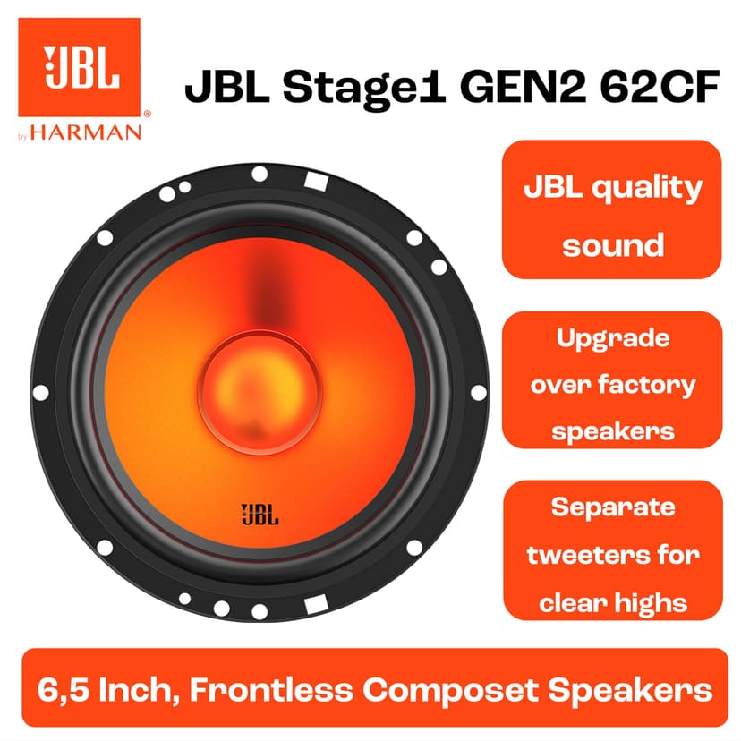 JBL Stage1 62CF GEN2 6.5" (165 mm) Component Car Speakers delivering 80W RMS and 640W Peak Power, 4 Ohm Impedance, Plus One™ Woofer Cone and Edge-Driven Silk Dome Tweeters for Clear JBL Sound - 5