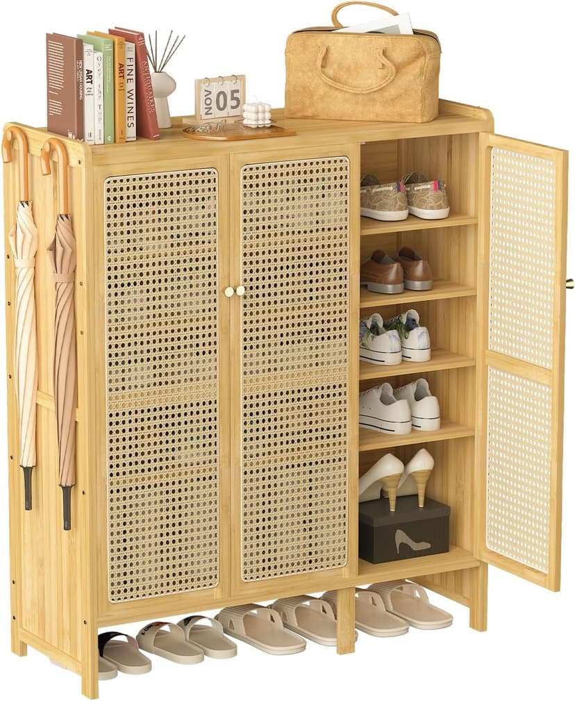 unho Bamboo Shoe Storage Cabinet: Wooden Shoes Rack Organiser with 3 Rattan Doors for Hallway Entryway 5 Tier - 1