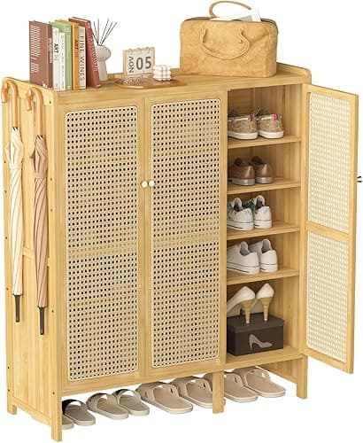 unho Meuble Chaussure d’Entrée en Bambou: Rangement Chaussure avec 5 Étagères Armoire à Chaussures avec 4 Crochets Design - 90.5 × 35 × 107 cm
