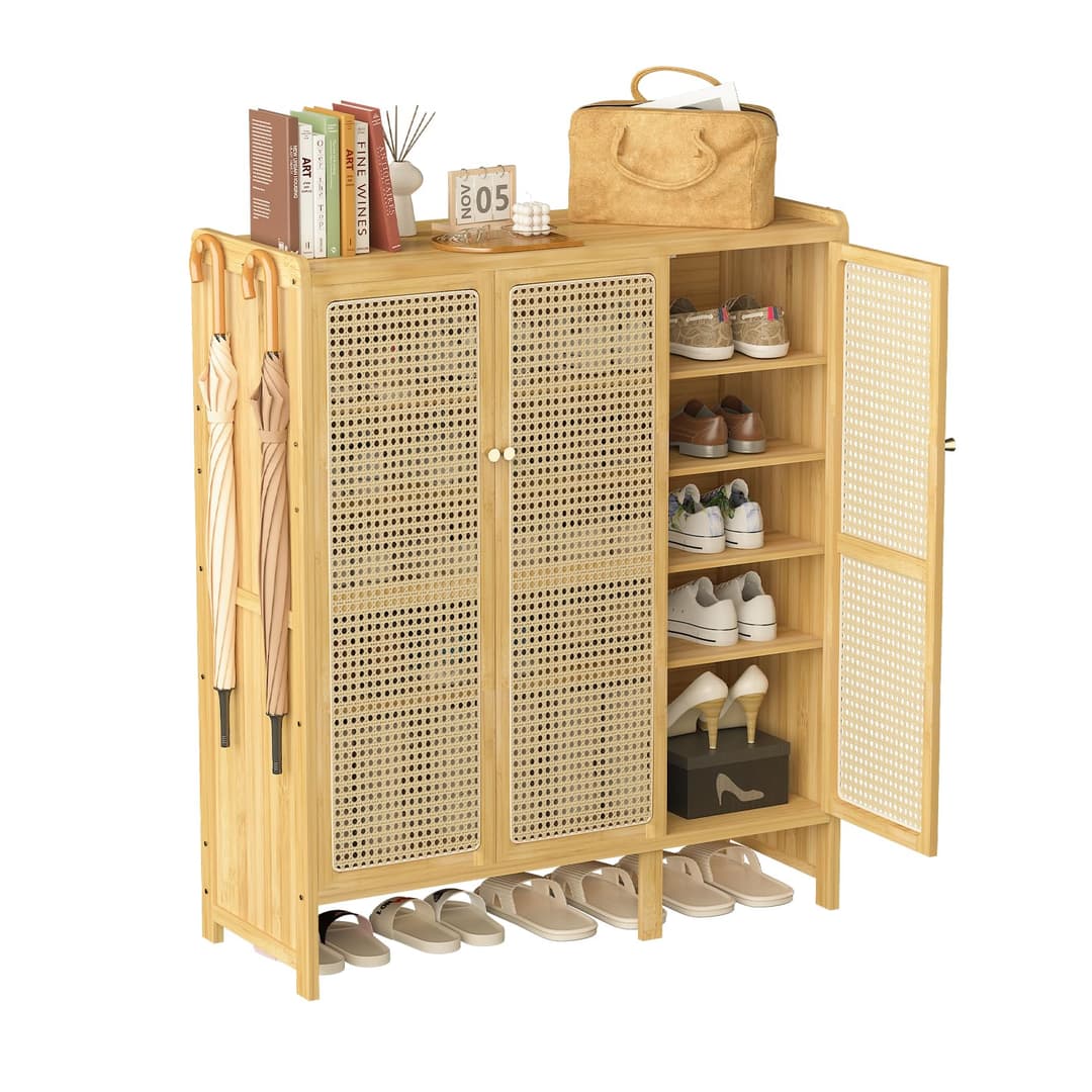 unho Bamboo Shoe Storage Cabinet: Wooden Shoes Rack Organiser with 3 Rattan Doors for Hallway Entryway 5 Tier