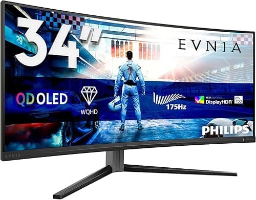 PHILIPS Evnia 34M2C6500-34 Inch OLED WQHD Curved Gaming Monitor, 175 Hz, 0.03 ms, HDR400, Ambiglow, FreeSync Premium Pro, G-Sync comp. (3440x1440, 2X HDMI, DisplayPort, USB Hub) dark gray