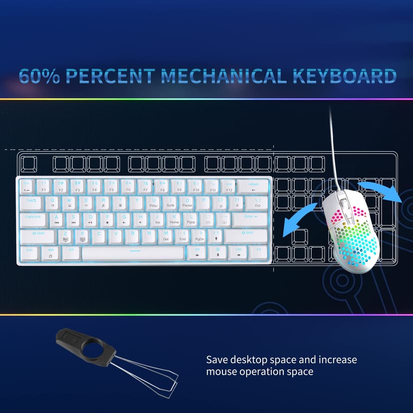 Dierya DK61se Mechanical Gaming Keyboard,60 percent Brown Switches,Ice Blue LED Backlit,Detachable USB-C Cable,Full-Key Rollover for Computer/PC/Laptop/MAC,US Layout,White - 2