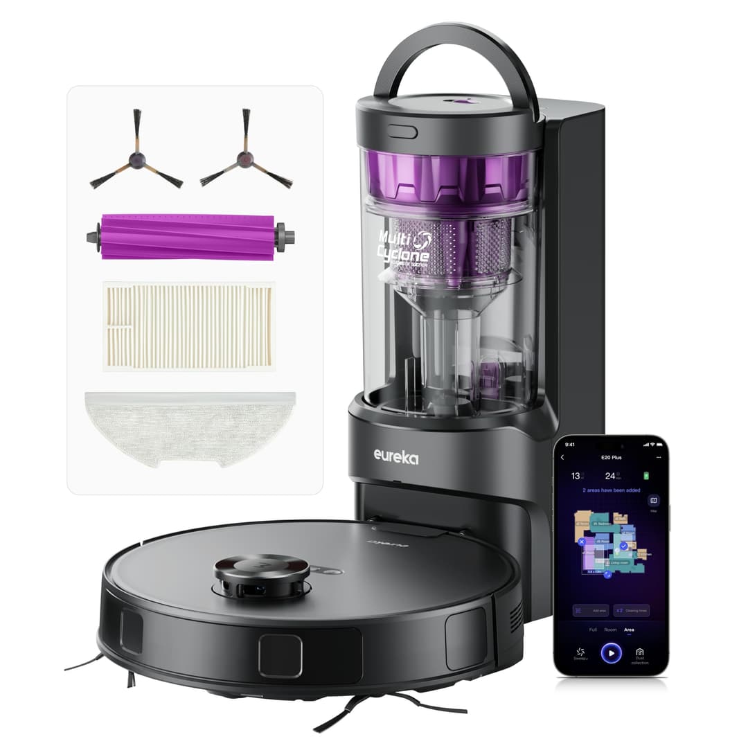 EUREKA E20 Plus 8000 Pa Robot Vacuum Cleaner with Automatic Bagless Drain Station, Anti-Tangle Robot Vacuum Cleaner, 3D Obstacle Avoidance, 180 Minute Runtime, DuoDetect AI