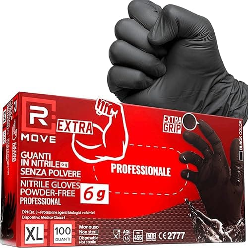 100 Extra Resistant Black Nitrile Gloves 6g +60% Thickness, No Powder, No Latex, for Mechanical, Industrial, Tattoo, Beautician, Hairdresser, Disposable Gloves (Size XL Black Extra)