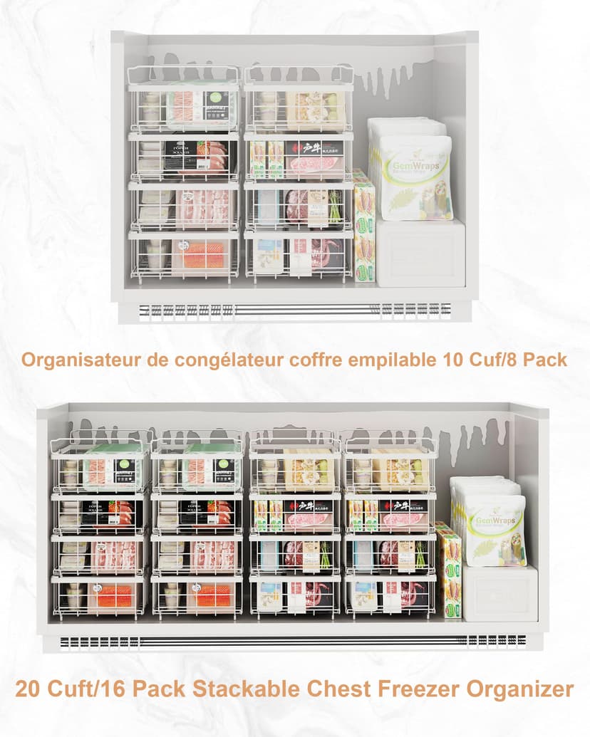 UMDONX Paniers de congélation Blanc- 4 paquets de paniers de congélation pour coffre for 283 à 566L congélateur - Organisateur de congélation empilable pour coffre,Longueur extensible(29-45x30x15cm) - 9