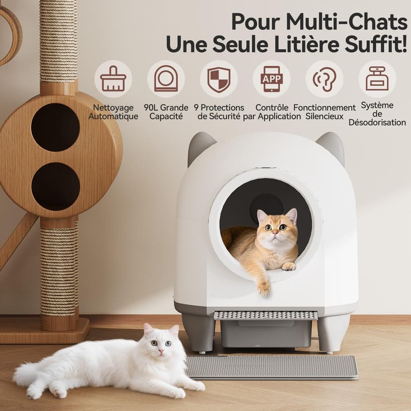 Devoko Self-Cleaning Pet Litter Box with Cute Cat Ears, Automatic XXL Enclosed Tray, Remote Control, Large Space, Safety & Odour Control, 90L Electric Litter Box for Multiple Cats - 2